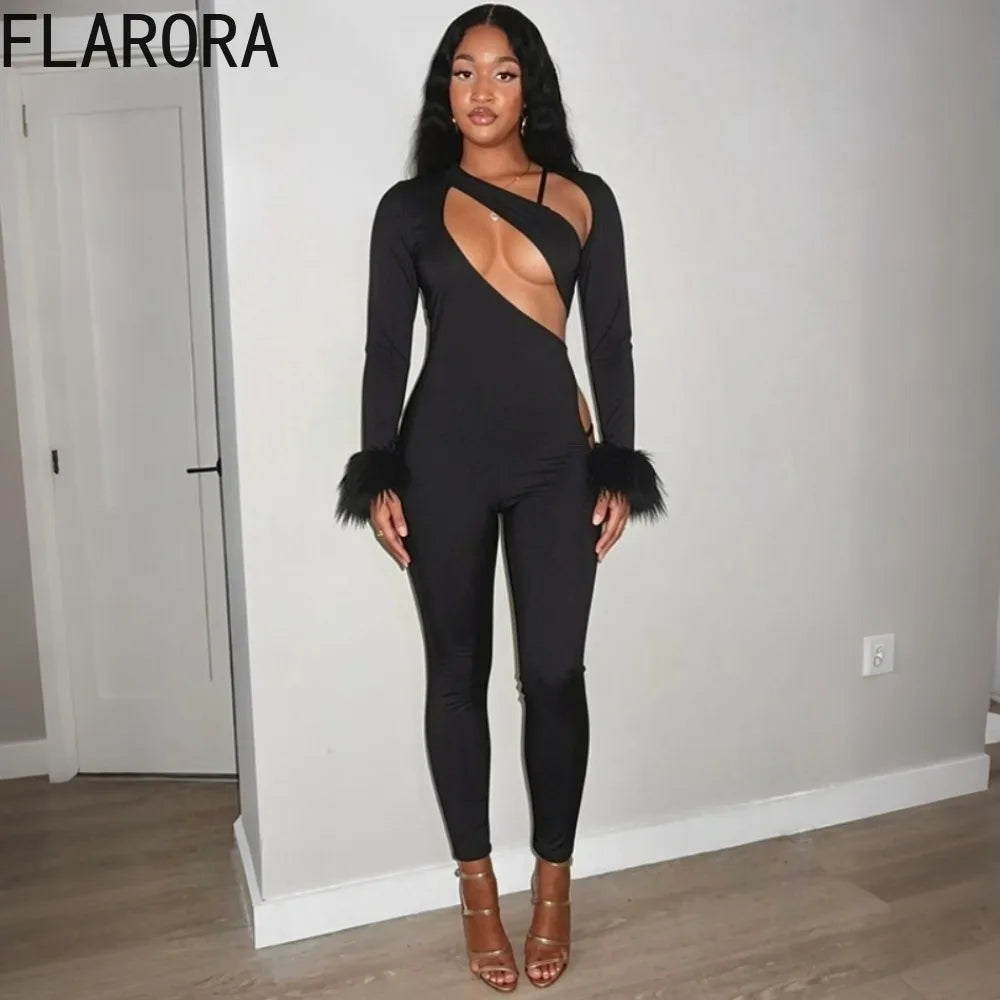 FLARORA Sexy Hollow Out Jumpsuits Woman Faux Fur Patchwork Skew Neck Full Sleeve Backless Skinny Peach Hip Party Club Overalls