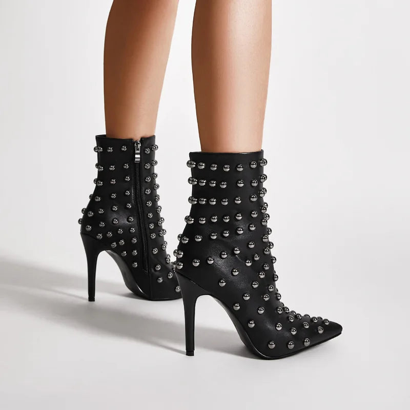 Women PU Studded Ankle Boots Pointed Toe Stiletto High Heel Metal Rivet Decor Punk Rock Fashion Party Short Booties F462