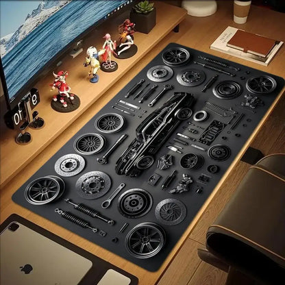 Car Parts Assembly Large Mouse Pad Retro Muscle Car Black Metal Texture Desk Mat Gaming Keyboard Pad Non-slip Office Table Mat