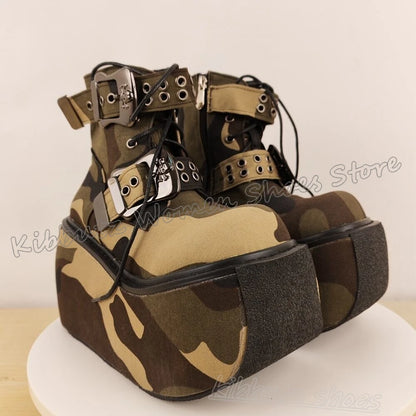 Belt Buckle Ankle Boot Platform Lace-Up Mixed Color Fashion Luxury Elegant Concise Sexy Novelty Shoes Round Toe Thick Bottom New
