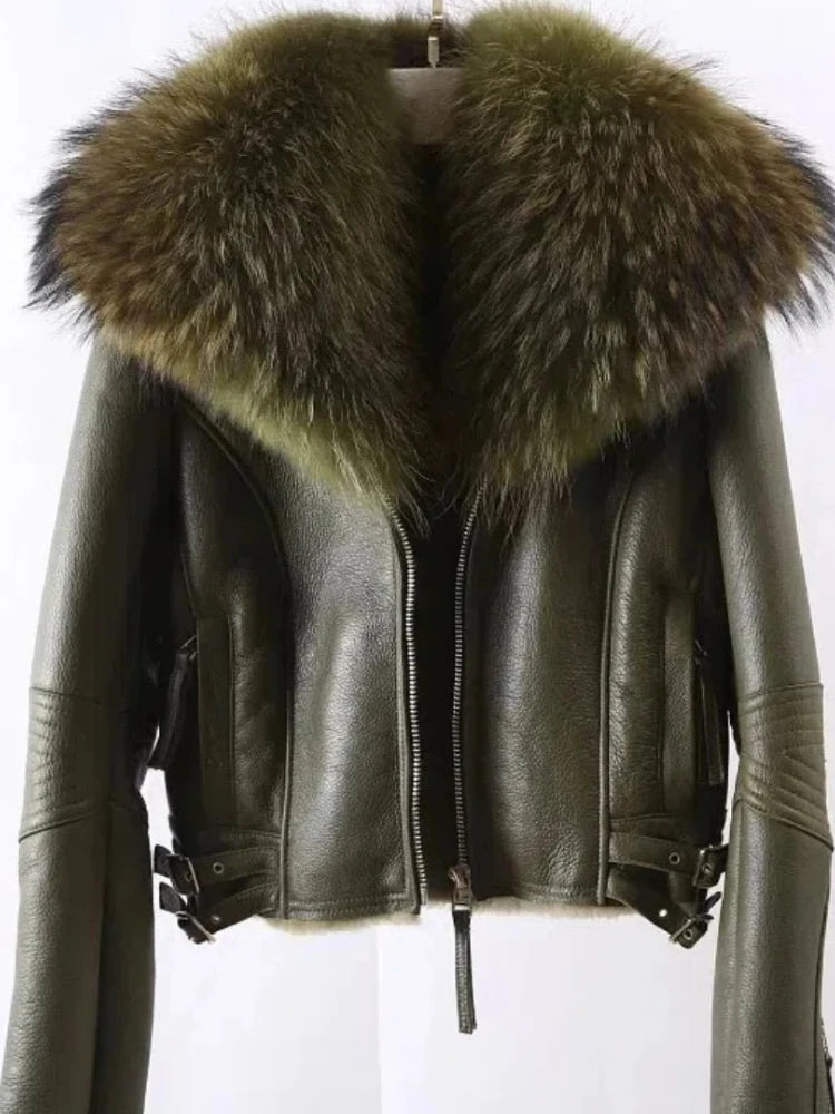 OFTBUY Hot Sales Sheepskin Fur Coat Fashion New Winter Real Leather Jacket Raccoon Fur Collar Women Clothing Integrated Fur Coat