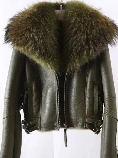 OFTBUY Hot Sales Sheepskin Fur Coat Fashion New Winter Real Leather Jacket Raccoon Fur Collar Women Clothing Integrated Fur Coat