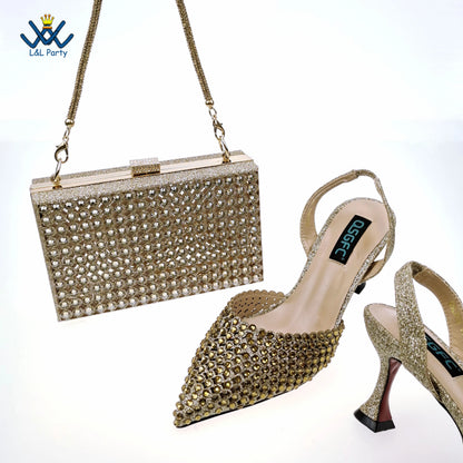 Dark Purple Spring Autumn Pointed Toe Square Heel Shoes and Bag Set For Nigerian Women Wedding Party