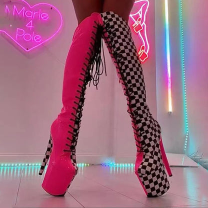 Leecabe 20CM/8inches  New  Fashion Style Patent with Grid Pattern PU Mix Color High Heel Platform Boots  Pole Dance Boots