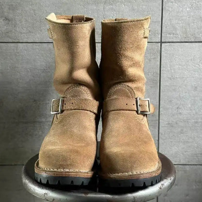 Fashion Men's Khaki Cow Suede Work Boots Mid-Calf Engineer Boots Faded Metal Buckle Strap Motorcycle Knight Boots Sewing