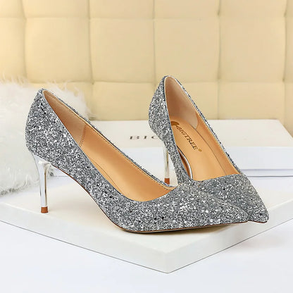 Women 7cm 9.5cm High Heels Pumps Wedding Bridal Scarpins Sparkly Mid Heels Lady Party Sequins Glitter Evening Gold Silver Shoes
