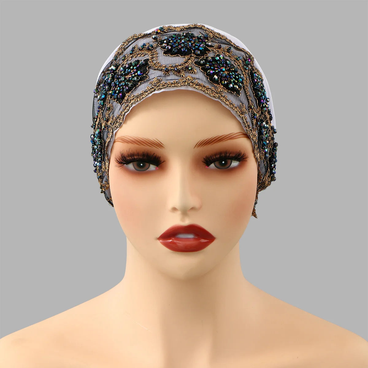 Luxury Embroidery Lace Turban Cap Muslim Women Floral Rhinestone Modal Head Cover Hat Islamic Headwear Bonnet Female Head Wraps
