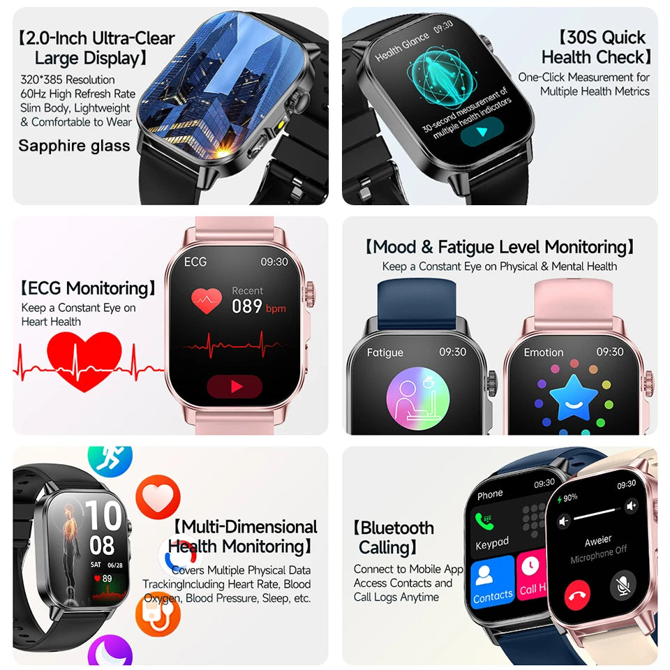 2026 New Body Analysis Health Smart Watch ECG+PPG Uric Acid Blood Pressure Blood Oxygen Clock Call AMOLED Smart Watch Men Women