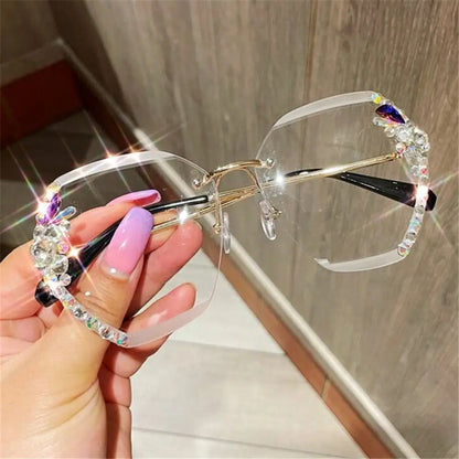 Vintage Cutting Lens UV400 Women Sun Glasses Gradient Rimless Sunglasses Rhinestone Sunglasses