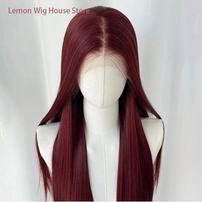 Wine Red Lace Front Wig Anime Cosplay Wig 28inch Long Straight Synthetic 13x4 Lace Front Wig Lolita High Quality Fibers Wigs