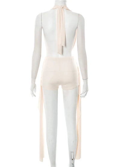 Weird Puss Elegant Women 2 Piece Set Halter Swing Collar Backless Sexy Tank Tops+Side Tassel Shorts Matching Clubwear Outfits