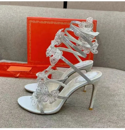 Luxury Rhinestones Flowers Women Gladiator Sandals Sexy Snake Twine Ankle Strap High heels Summer Wedding Prom Shoes Sandalias