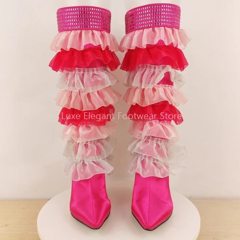 Pink Satin Tulle Ruffle Mesh Rhinestone Knee High Boots Women Back Zipper Pointed Stiletto Long Boots Sweet Lovely Party Boots
