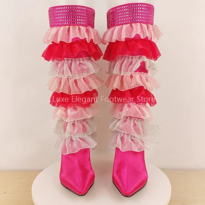 Pink Satin Tulle Ruffle Mesh Rhinestone Knee High Boots Women Back Zipper Pointed Stiletto Long Boots Sweet Lovely Party Boots