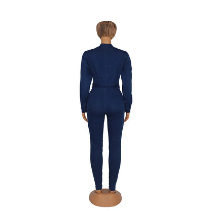 Washed Denim Jumpsuits V Neck Sashes Overalls Jean Solid Pencil Pants Sheath Jeans Pockets Spliced Sexy Slim High Street