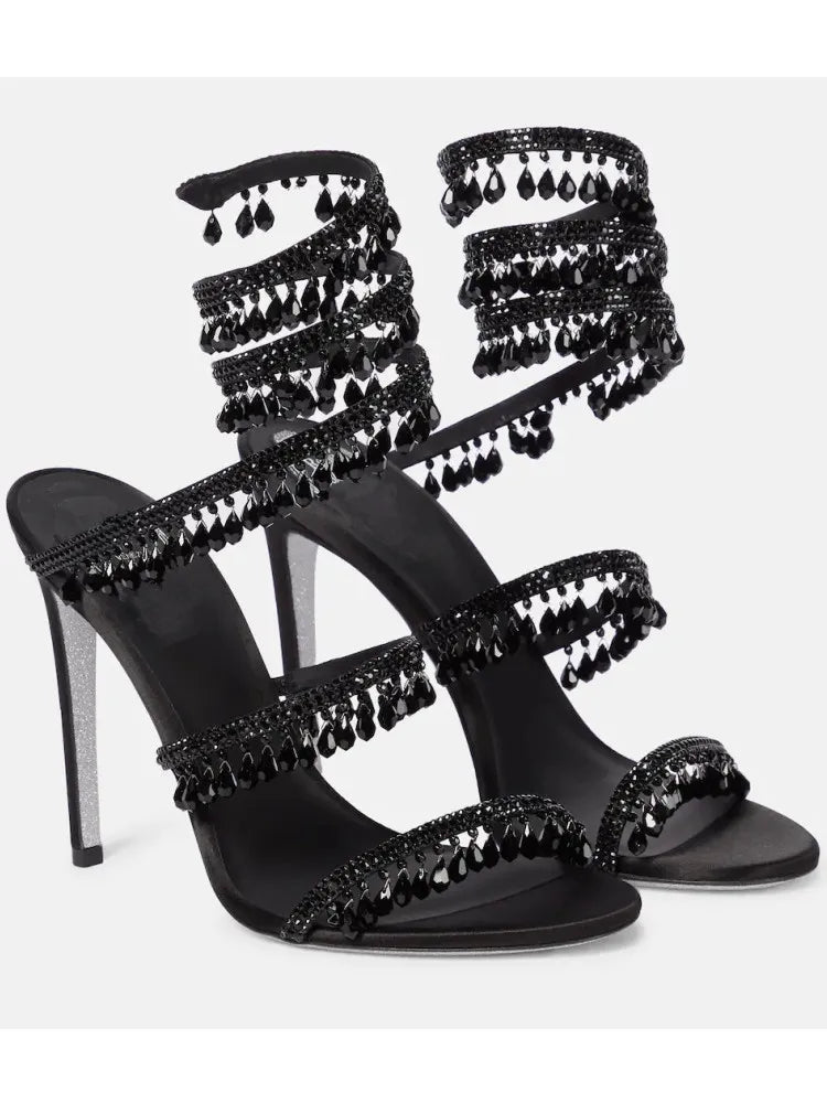 2026Women's New Water Diamond Sandals Fashion Tassel Crystal Shoes Sexy Banquet Party Twin Stiletto Women's Large Sandals