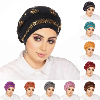 Women Hijabs Turban Hats Sequin Solid Color Braid Twist Caps Cancer Chemotherapy Beanies Cap Headwrap Plated Hair Loss Cover