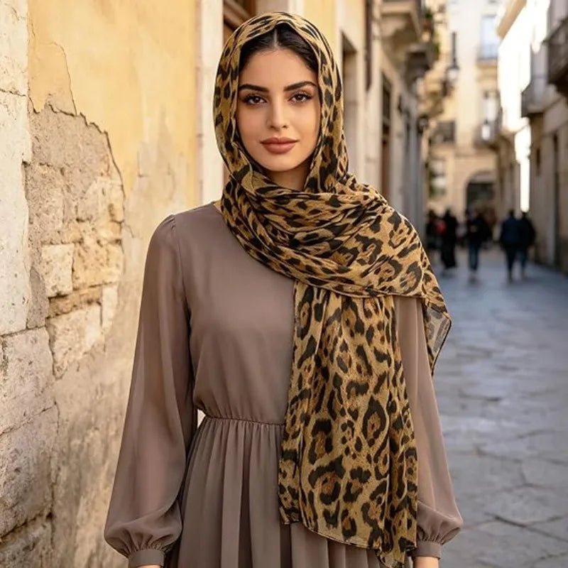 Lightweight Leopard Print Scarf for Women Fashion Head Cover Hijab Cotton Voile Scarf Shawl Wrap for Spring Fall Winter Season