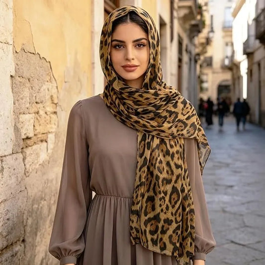Lightweight Leopard Print Scarf for Women Fashion Head Cover Hijab Cotton Voile Scarf Shawl Wrap for Spring Fall Winter Season