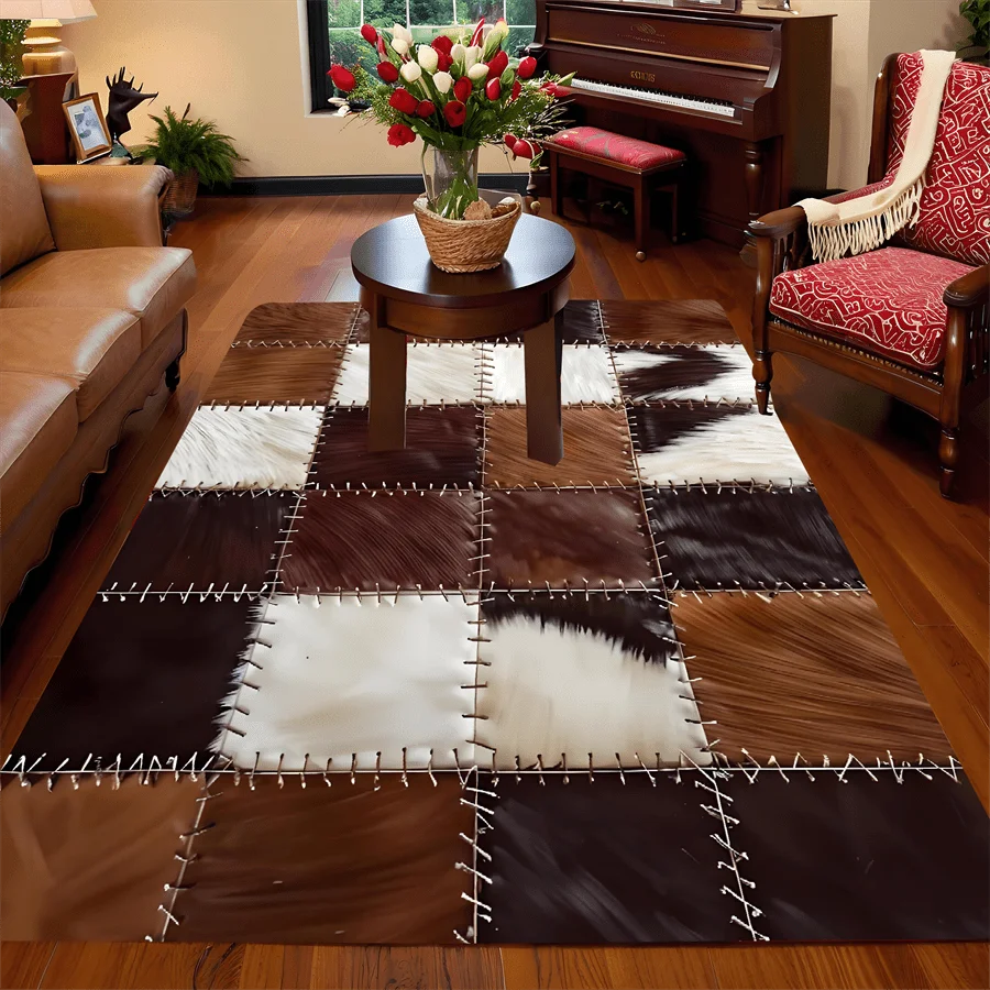 Checkered Cow Leather Pattern Doormat, High-Quality Flannel Non-Slip Machine Washable Rug for Multi-Room Multi-Holiday Decor