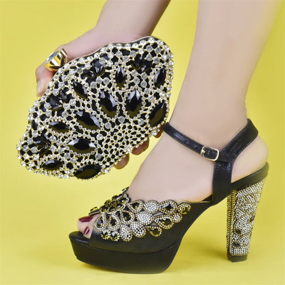 Fashion Italian Shoe and Bag Set for Party In Women Afrcan Party Shoes with Bag Set with Rhinetsone Luxury Shoes Women Designers