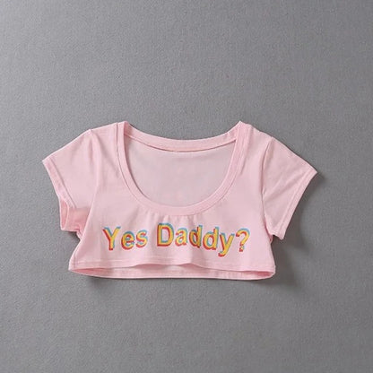 Women Letter Print Short Sleeve Yes Daddy Short Top Sleeve Crop Running T Shirt