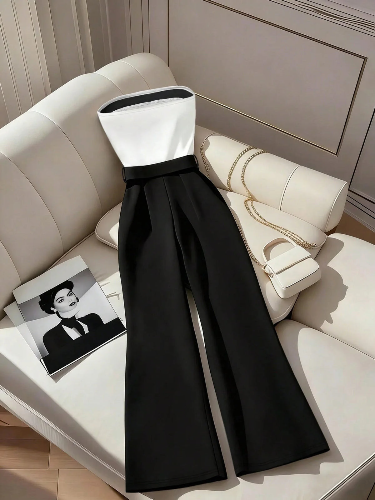 Women's Black White Jumpsuit Square Neck Contrast Trim Ideal for Evening Events Parties Elegant Styles
