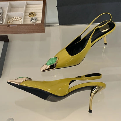 Liyke Fashion Design Inlay Gems Pointed Toe Patent Leather Sexy Slingback Sandals Women Pumps High Heels Wedding Banquet Shoes