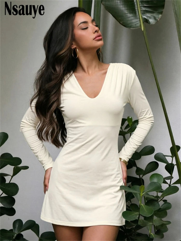 Nsauye Women's Casual Long Sleeve V Neck Slim Dress Women Clothing Elegant Shoulder Pads Short Dresses Vestidos
