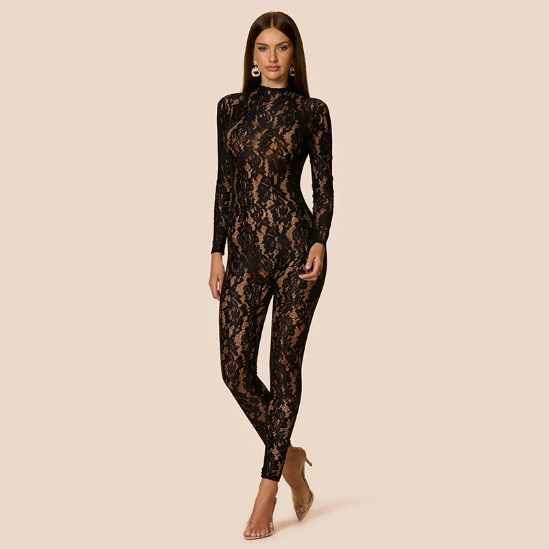 Fall Women's Jacquard Lace Jumpsuit Sexy See-Through Long Sleeve Back Zip Skinny Rompers Coquette Midnight Clubwear
