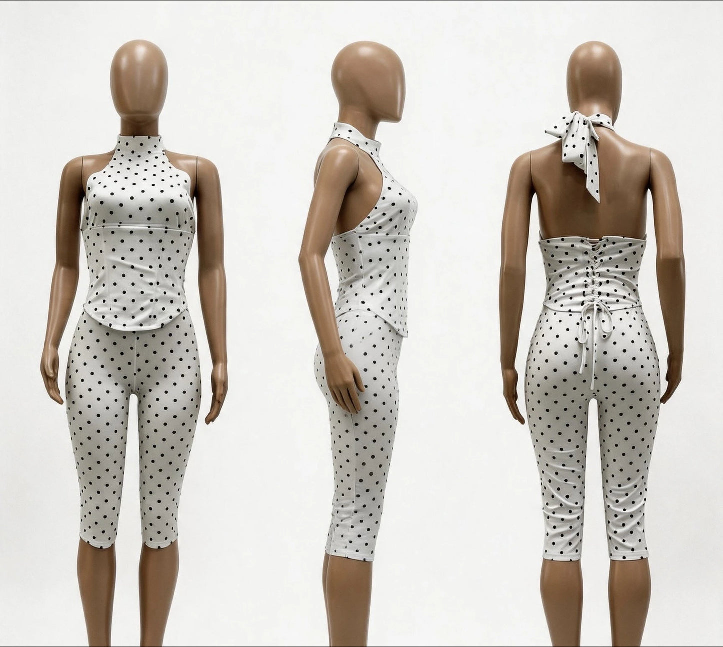 FAGADOER Cute Polka Dot Bodycon Rompers Hot Girl Streetwear Lace Up Bandage Corset Halter Jumpsuits Summer Night Club Playsuits