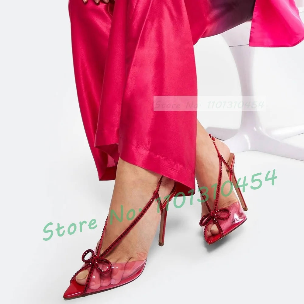 Crystal Bow Slingback Sandals Women Sweet Luxury See-through Pvc High Heels Shoes Summer Peep Toe Elegant Party Clear Pumps
