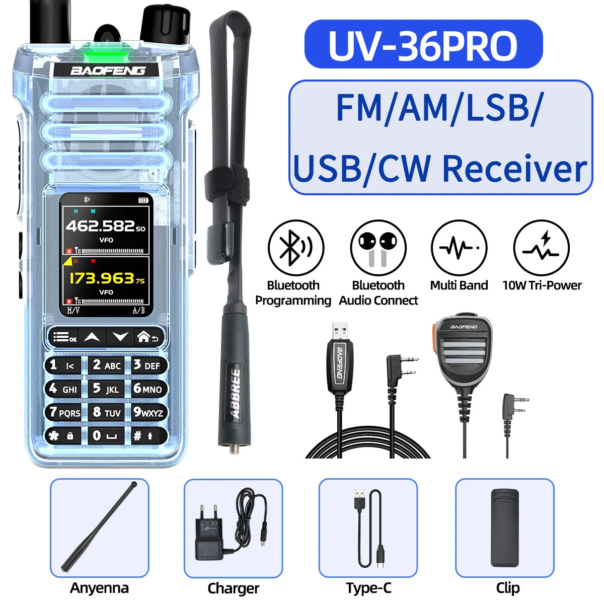 BAOFENG UV‑36 PRO Walkie Talkie 10W High Power Dual Mode Bluetooth Programming Shortwave Receive Two Way Radio FM Handheld Radio