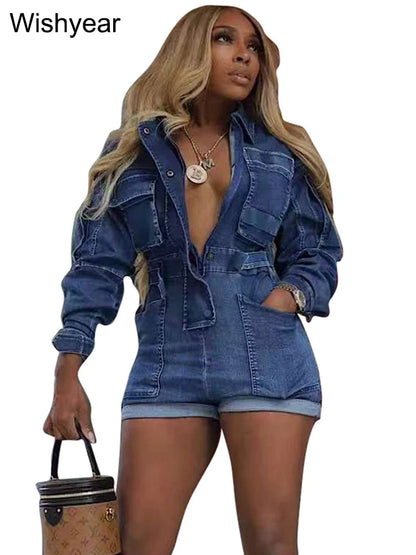 Fashion Blue Bodycon Denim Short Playsuits Women's Long Sleeve Washed Cargo Pocket Jumpsuits Streetwear Overalls Autumn Rompers