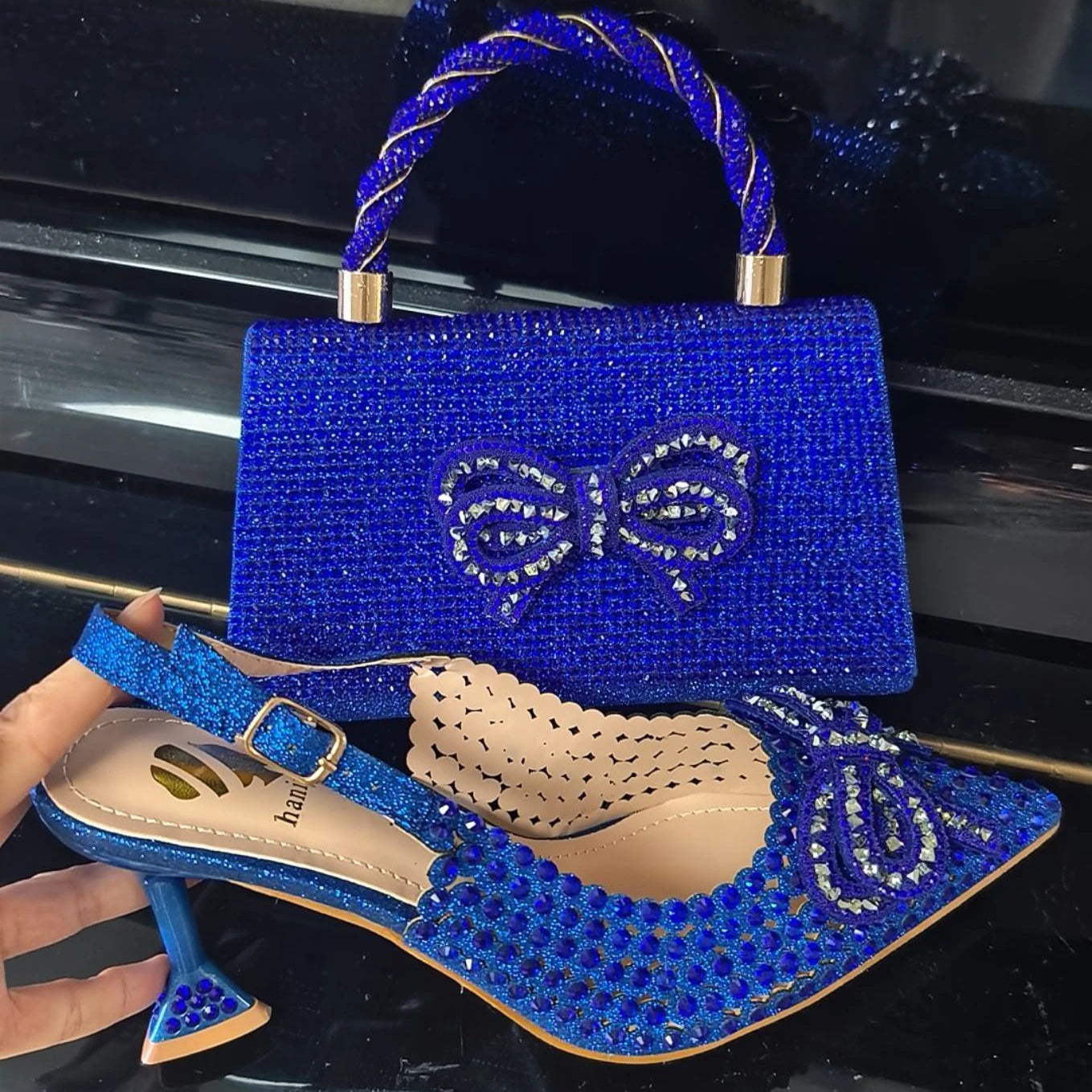 Designer Bag Luxury Ladies High Quality Italian Shoes Matching Bag in Royal Blue Color with Appliques for Wedding Party