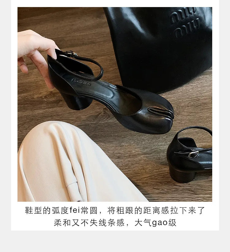 Modern Heels Pumps Women Round High Heel Leather Square Split Toe Pumps Shoes Spring Summer Sandals Mary Janes Shoes Heels Women