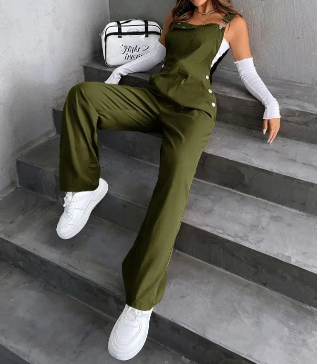 Women's Casual Bib Overalls Adjustable Shoulder Strap Pocket Wide Leg Jumpsuit Loose Straight Women Streetwear Suspender Pants