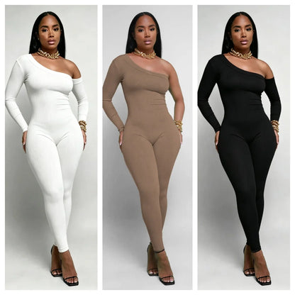 Fashion Knit Ribbed Women One Shoulder Long Sleeve Yoga Sport Sexy Jumpsuit Streetwear Playsuit One Piece Suit Romper Outfit