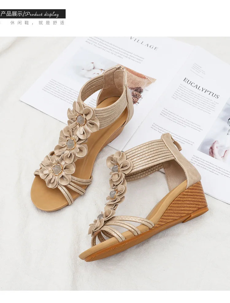 High quality leather flat sandals for women 5cm mid heel flower summer 2026 36 42 open toe vintage beach shoe black pink beige