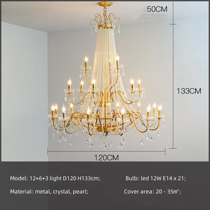 French Candle E14 Led Chandelier Villa Stairs Pearl Crystal Led Pendant Lights Hotel Art Decor Suspend Light Led Luminarias