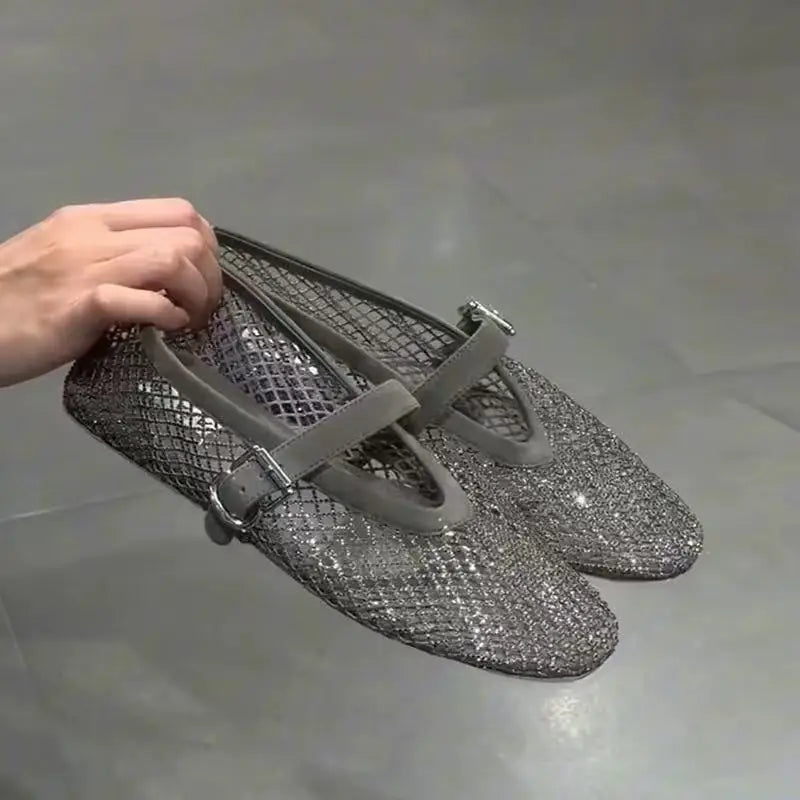 2026 New Model~ Fishnet Rhinestone Ballet Flat Mary Jane Women's Shoes with Hollowed-Out Strap