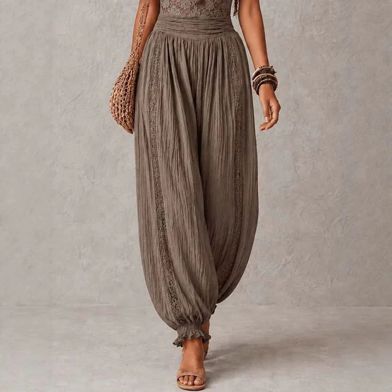 Elegant Lace Trim Boho Jumpsuits Sleeveless Ruffle Spaghetti Strap High Waist Panel Crinkle Romper Women Summer Casual Playsuits