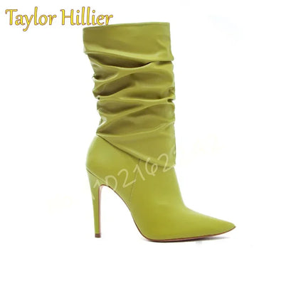 Autumn Avocado Color Pleated Short Boots Pointed Toe Stiletto Side Zipper Mid-Calf Nude Boots Catwalk Party Formal Boots Women