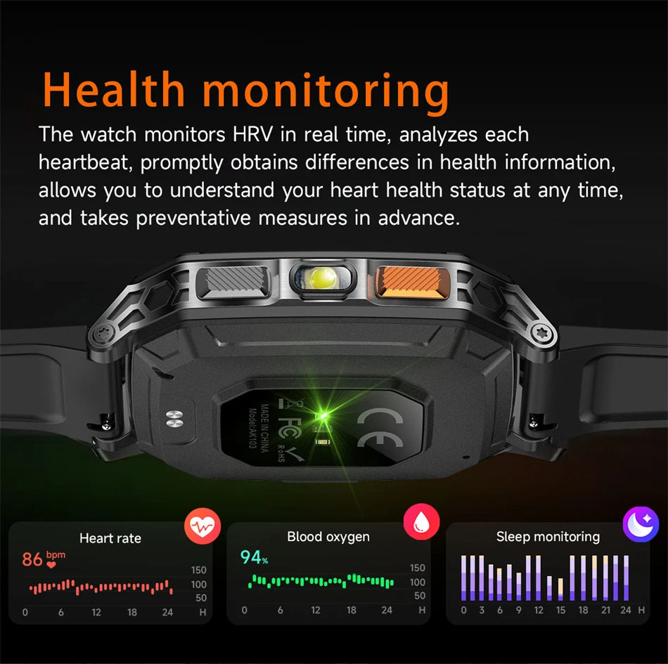 New 1400 mAh Battery Military Smartwatch Men IP68 Waterproof Flashlight Health Monitor Sports Call Smart Watch For iOS Android