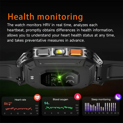 New 1400 mAh Battery Military Smartwatch Men IP68 Waterproof Flashlight Health Monitor Sports Call Smart Watch For iOS Android