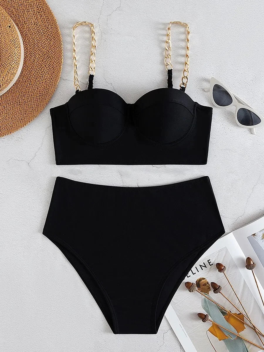Push Up Bikini Hard Wrap Top Underwire Chain Shoulder Straps High Waist Bottom Swimwear Women Solid Swimming Beach Bathing Suit