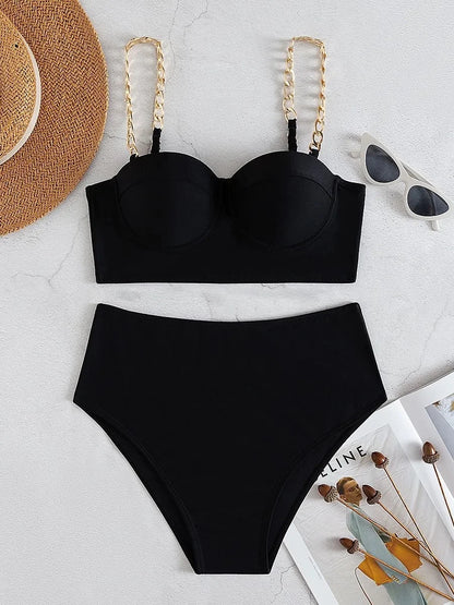 Push Up Bikini Hard Wrap Top Underwire Chain Shoulder Straps High Waist Bottom Swimwear Women Solid Swimming Beach Bathing Suit