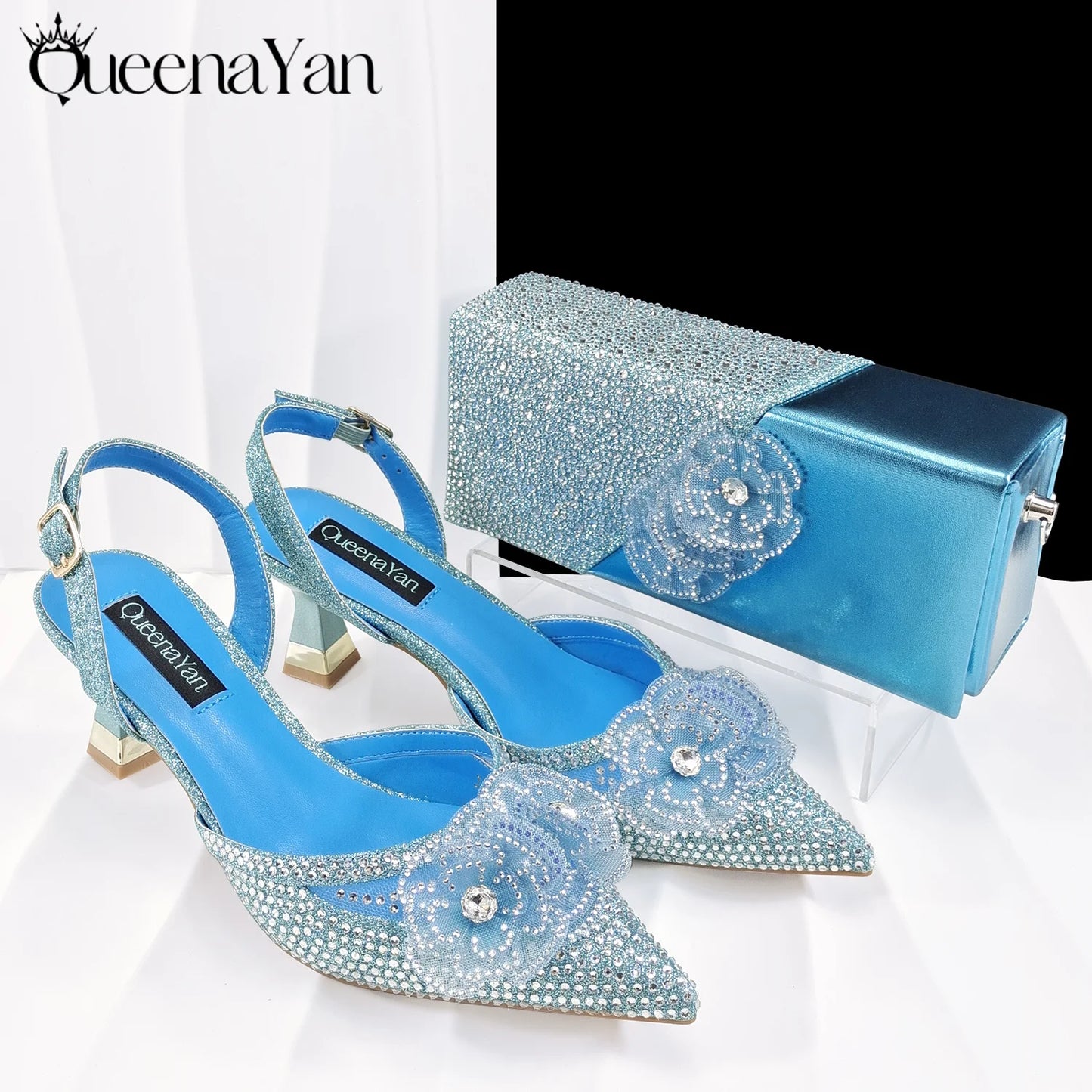 QueenaYan Elegant African-Inspired Evening Shoes and Handmade Clutch Set Pointed Toe High-Heel Women's Footwear and Matching Bag
