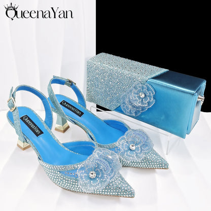QueenaYan Elegant African-Inspired Evening Shoes and Handmade Clutch Set Pointed Toe High-Heel Women's Footwear and Matching Bag