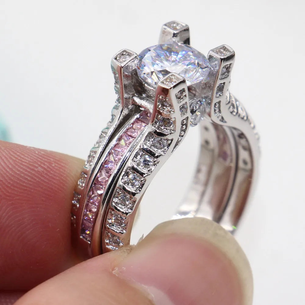 14K White Gold Vintage Lovers Grown Pink Diamond Ring Set Engagement Wedding Rings for Women Men Jewelry